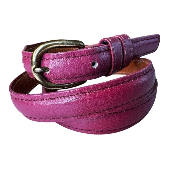 Vintage Genuine Leather Deep Pink Rose Skinny Belt Solid Brass Buckle - Picture 3 of 4